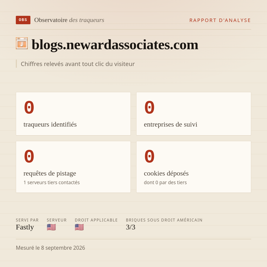 blogs.newardassociates.com : 0 traqueurs identifiés, 0 entreprises de suivi, 0 requêtes de pistage. Chiffres relevés avant tout clic du visiteur.