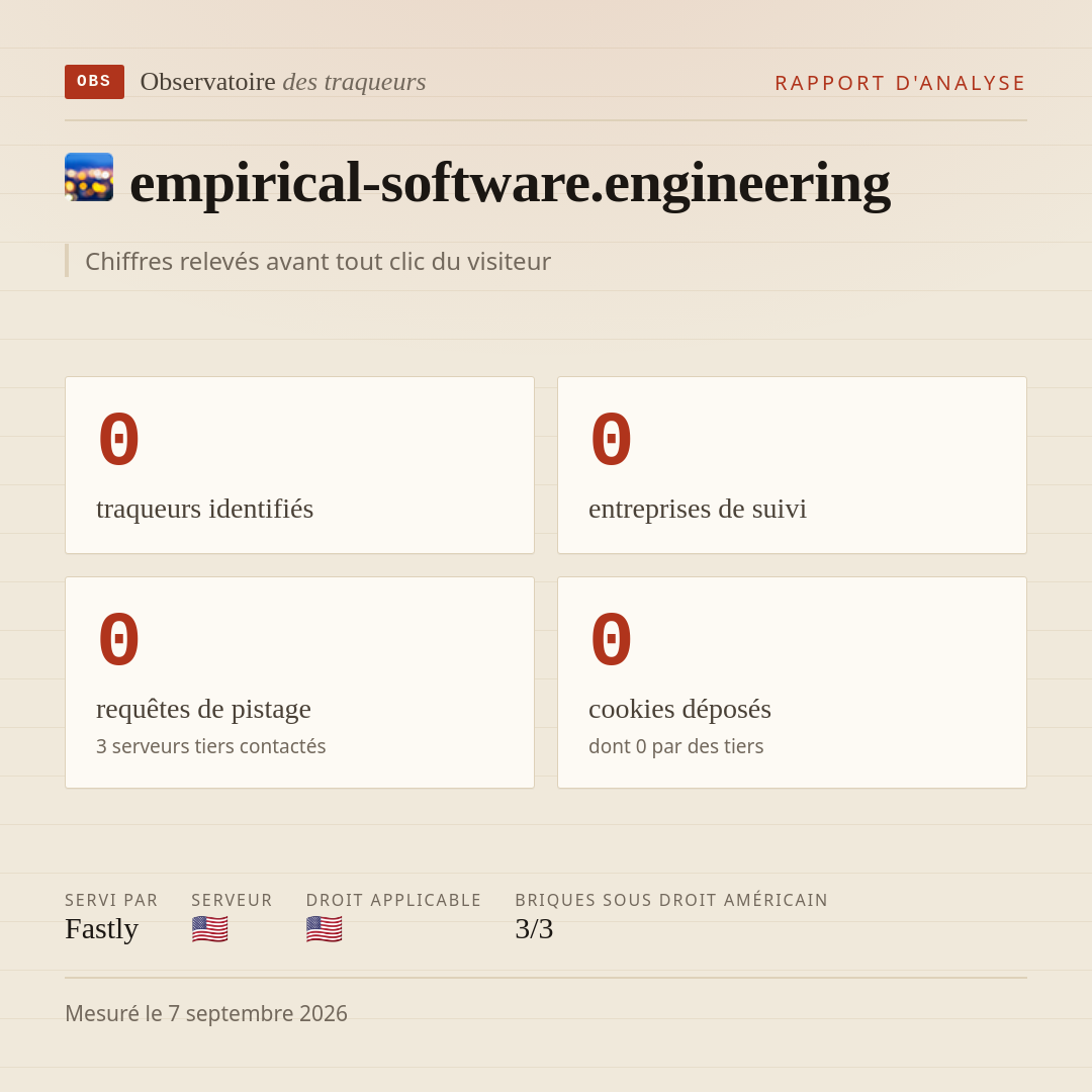 empirical-software.engineering : 0 traqueurs identifiés, 0 entreprises de suivi, 0 requêtes de pistage. Chiffres relevés avant tout clic du visiteur.