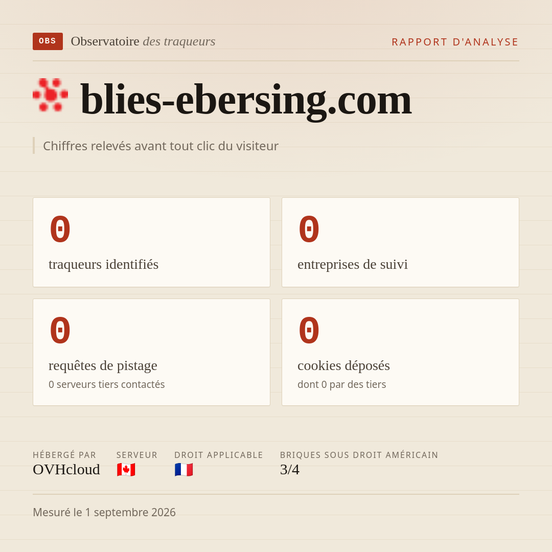 blies-ebersing.com : 0 traqueurs identifiés, 0 entreprises de suivi, 0 requêtes de pistage. Chiffres relevés avant tout clic du visiteur.