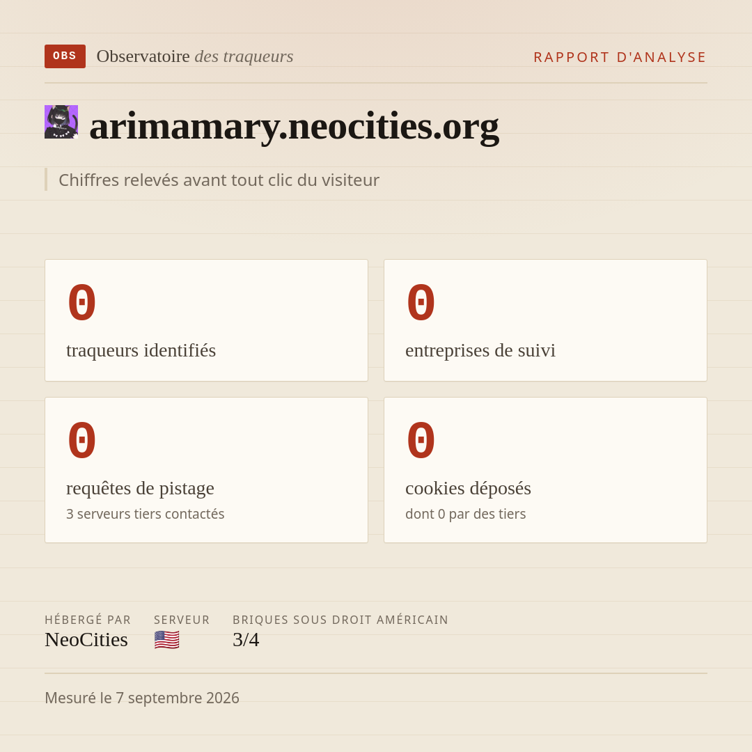 arimamary.neocities.org : 0 traqueurs identifiés, 0 entreprises de suivi, 0 requêtes de pistage. Chiffres relevés avant tout clic du visiteur.