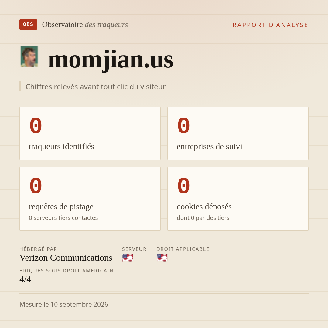 momjian.us : 0 traqueurs identifiés, 0 entreprises de suivi, 0 requêtes de pistage. Chiffres relevés avant tout clic du visiteur.