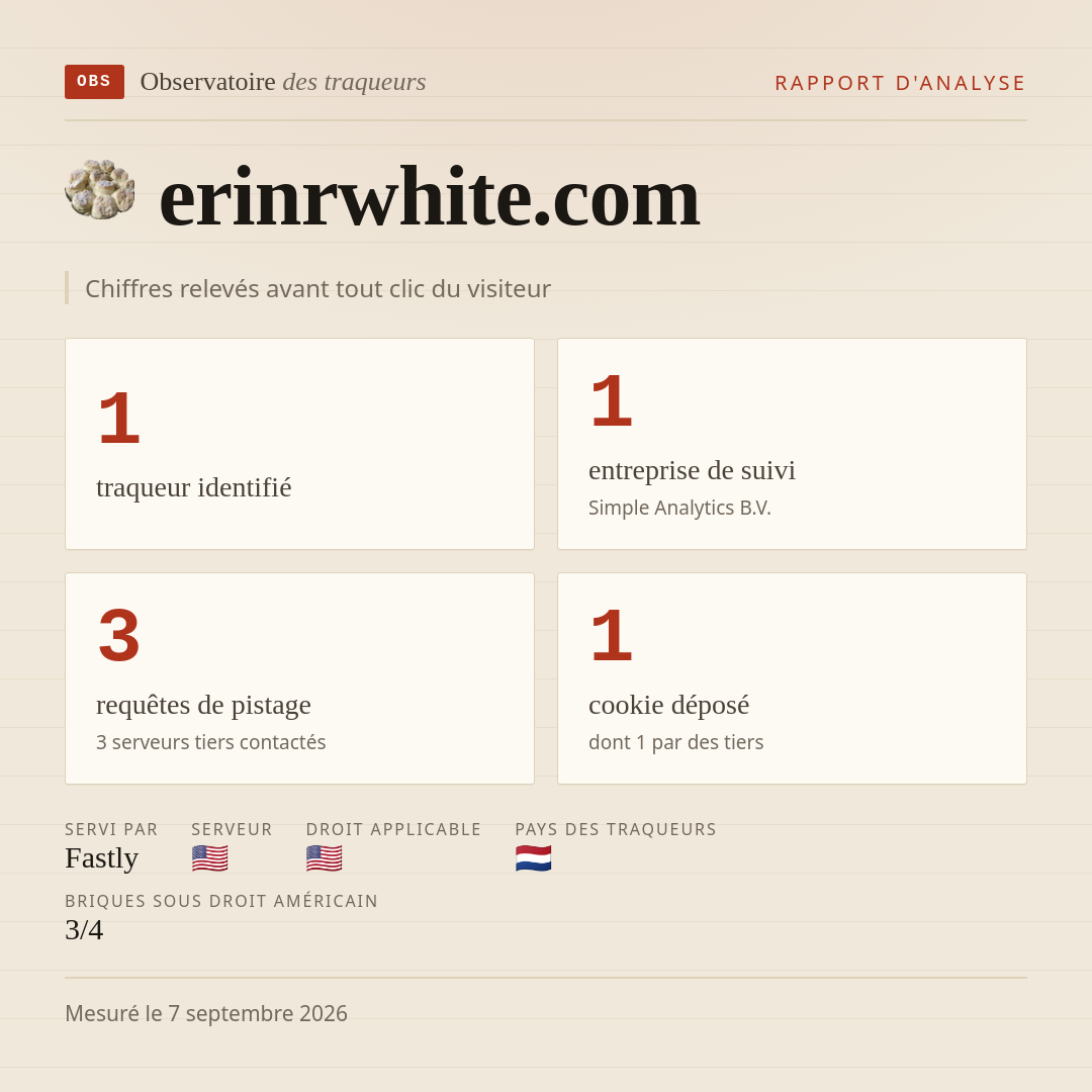 erinrwhite.com : 1 traqueur identifié, 1 entreprise de suivi, 3 requêtes de pistage. Chiffres relevés avant tout clic du visiteur.