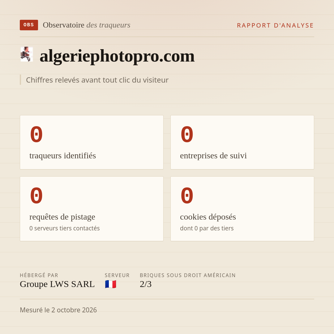 algeriephotopro.com : 0 traqueurs identifiés, 0 entreprises de suivi, 0 requêtes de pistage. Chiffres relevés avant tout clic du visiteur.