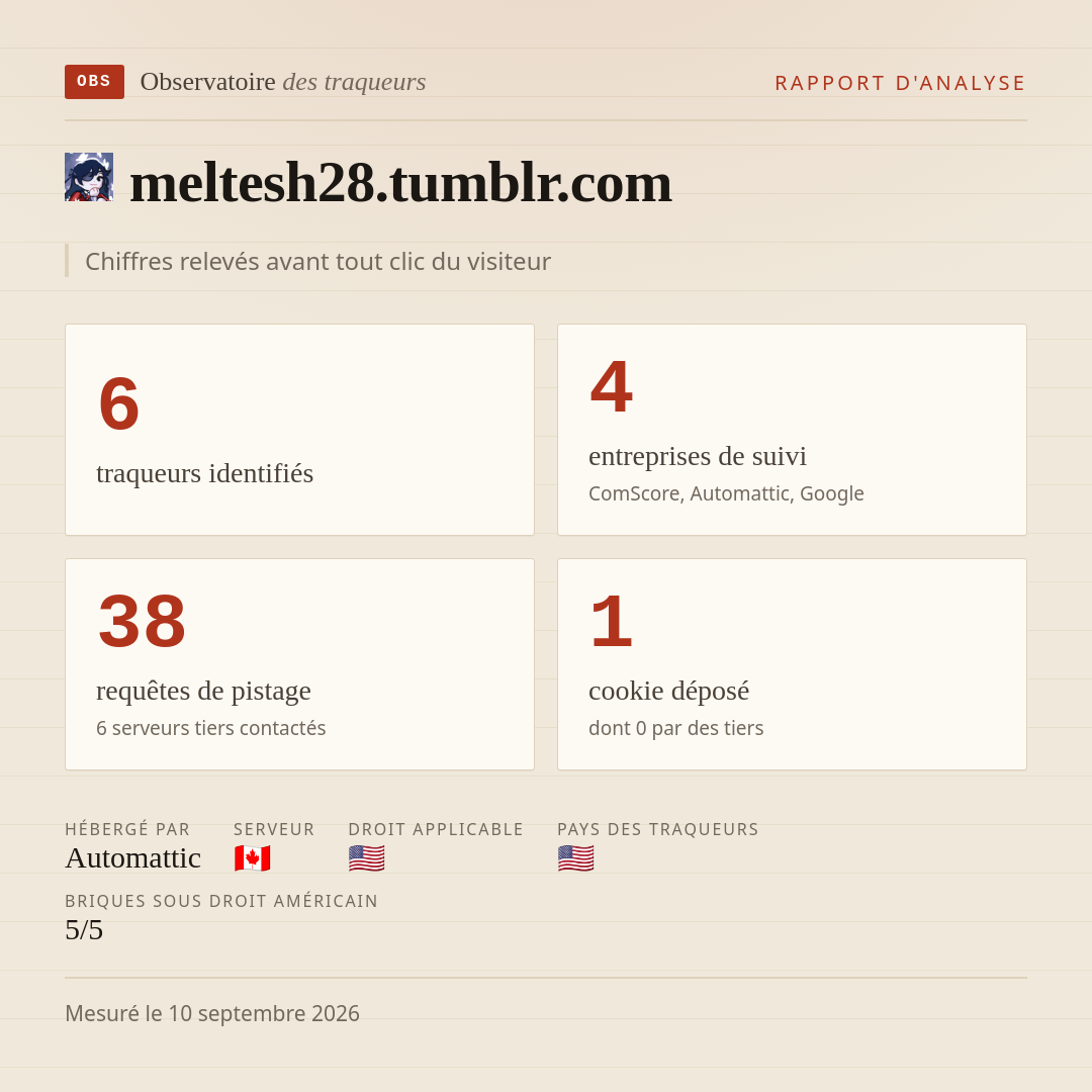 meltesh28.tumblr.com : 6 traqueurs identifiés, 4 entreprises de suivi, 38 requêtes de pistage. Chiffres relevés avant tout clic du visiteur.