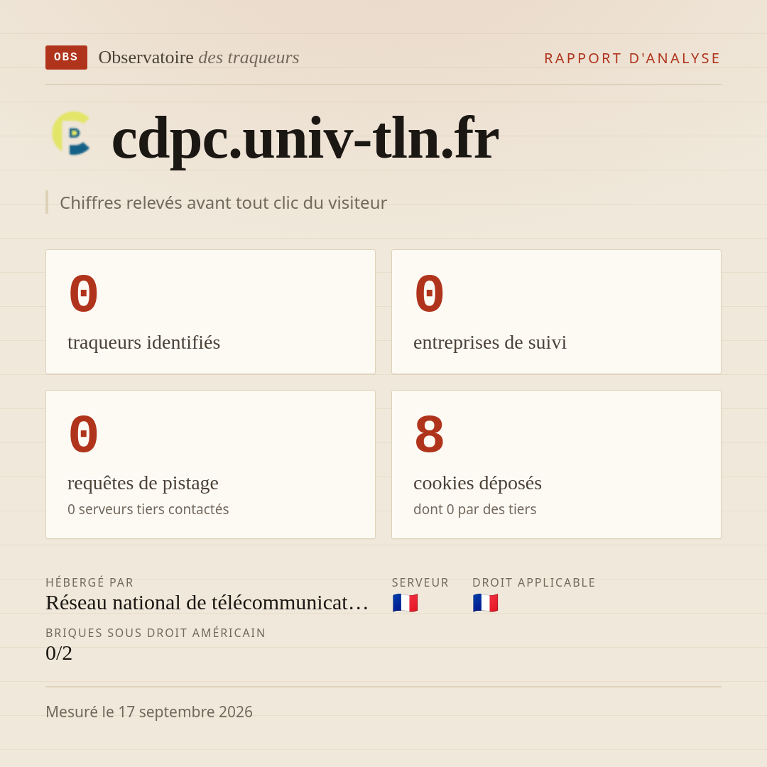 cdpc.univ-tln.fr : 0 traqueurs identifiés, 0 entreprises de suivi, 0 requêtes de pistage. Chiffres relevés avant tout clic du visiteur.