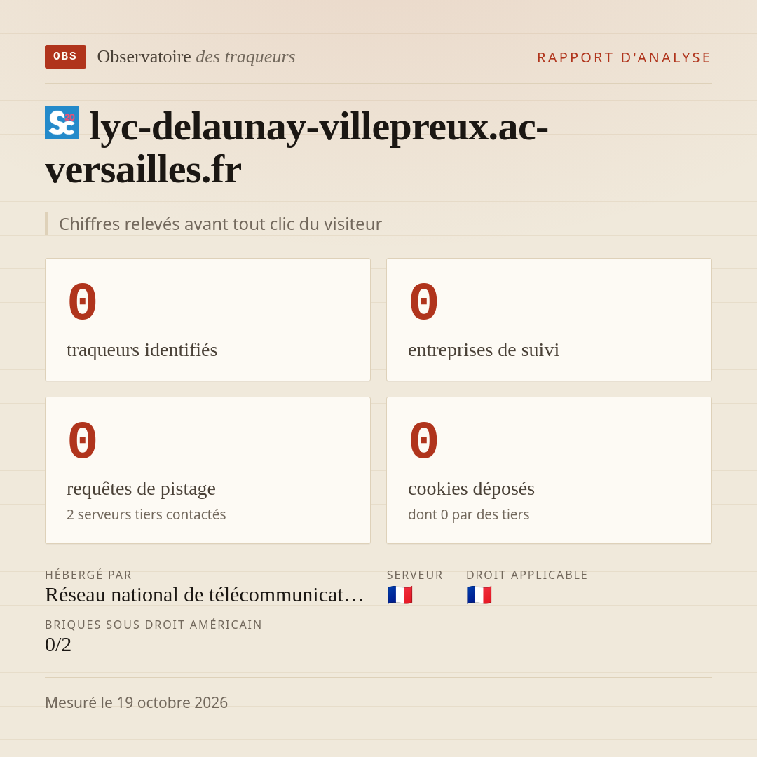 lyc-delaunay-villepreux.ac-versailles.fr : 0 traqueurs identifiés, 0 entreprises de suivi, 0 requêtes de pistage. Chiffres relevés avant tout clic du visiteur.
