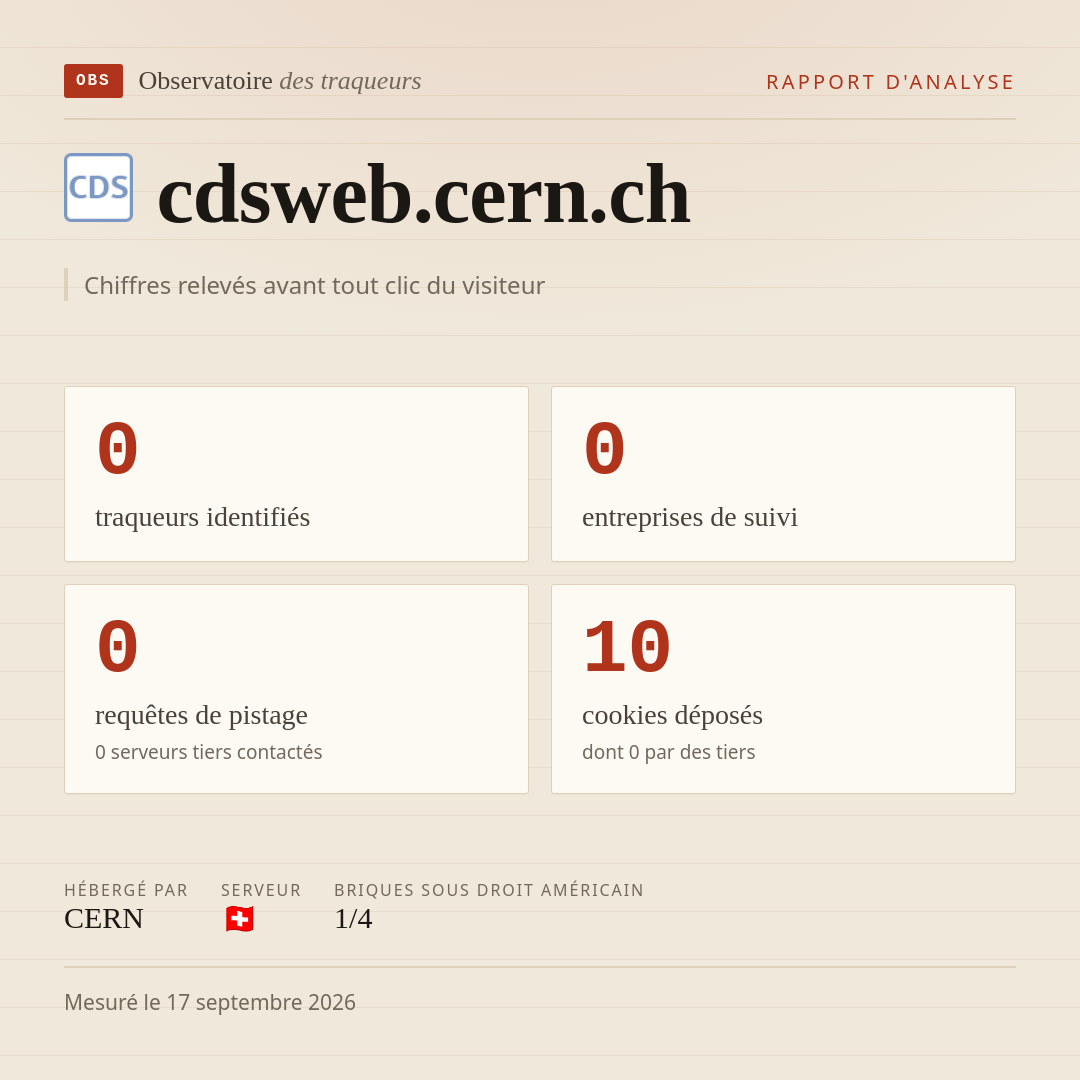 cdsweb.cern.ch : 0 traqueurs identifiés, 0 entreprises de suivi, 0 requêtes de pistage. Chiffres relevés avant tout clic du visiteur.