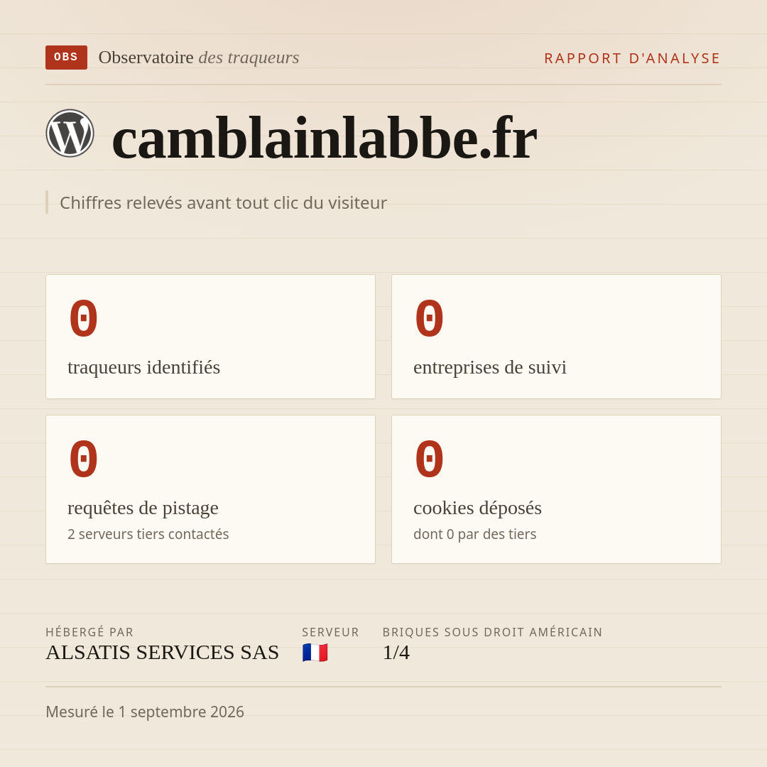 camblainlabbe.fr : 0 traqueurs identifiés, 0 entreprises de suivi, 0 requêtes de pistage. Chiffres relevés avant tout clic du visiteur.