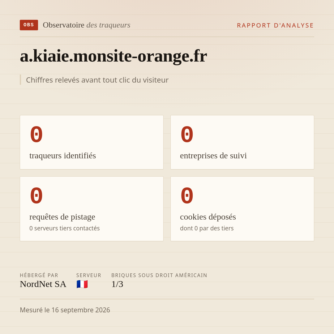 a.kiaie.monsite-orange.fr : 0 traqueurs identifiés, 0 entreprises de suivi, 0 requêtes de pistage. Chiffres relevés avant tout clic du visiteur.