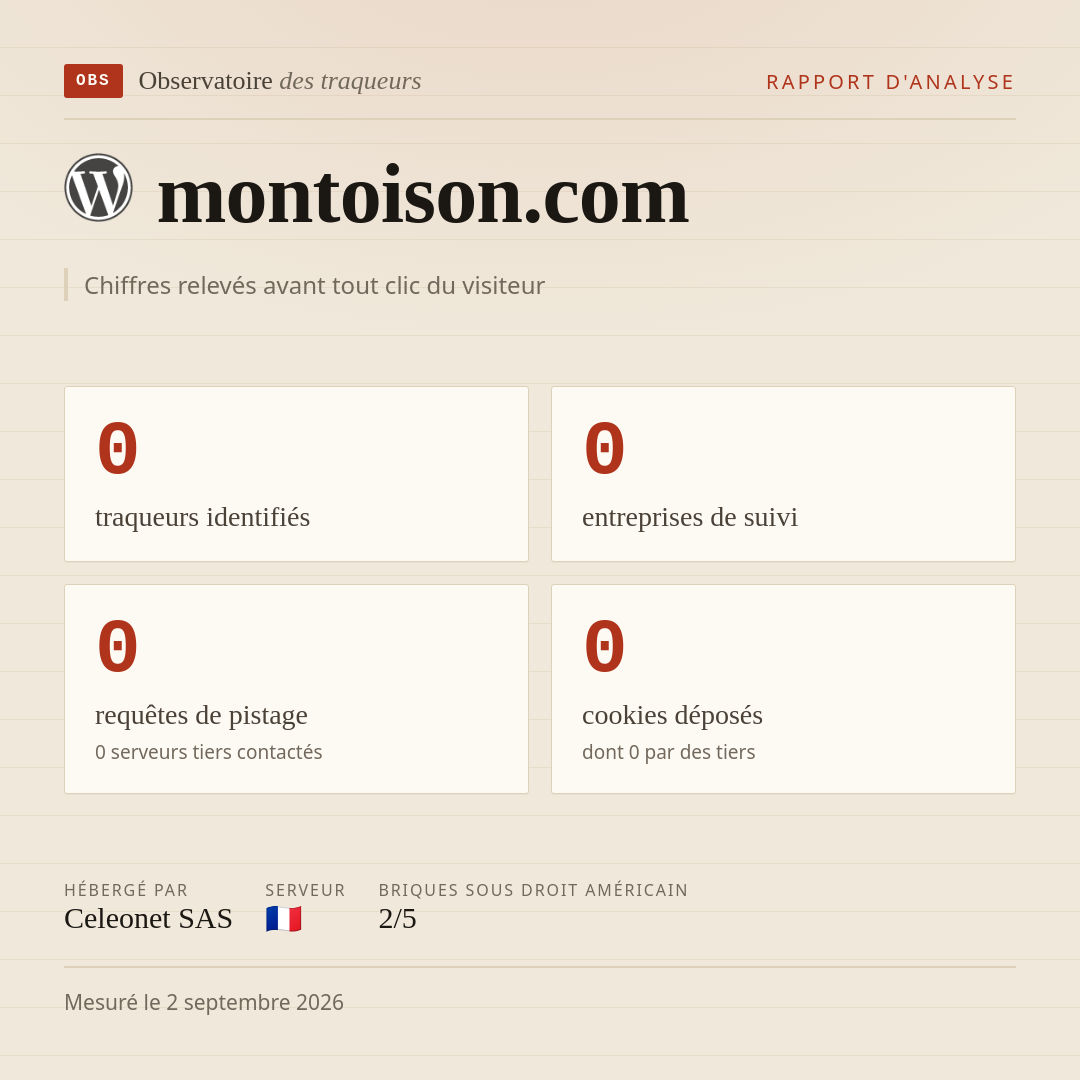 montoison.com : 0 traqueurs identifiés, 0 entreprises de suivi, 0 requêtes de pistage. Chiffres relevés avant tout clic du visiteur.