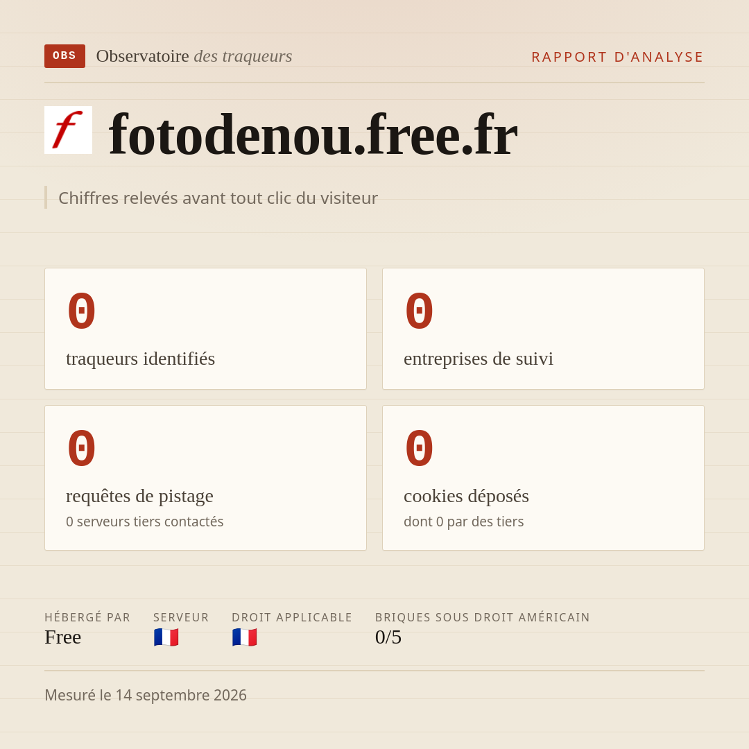 fotodenou.free.fr : 0 traqueurs identifiés, 0 entreprises de suivi, 0 requêtes de pistage. Chiffres relevés avant tout clic du visiteur.