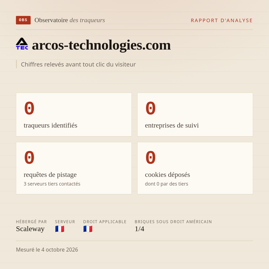 arcos-technologies.com : 0 traqueurs identifiés, 0 entreprises de suivi, 0 requêtes de pistage. Chiffres relevés avant tout clic du visiteur.