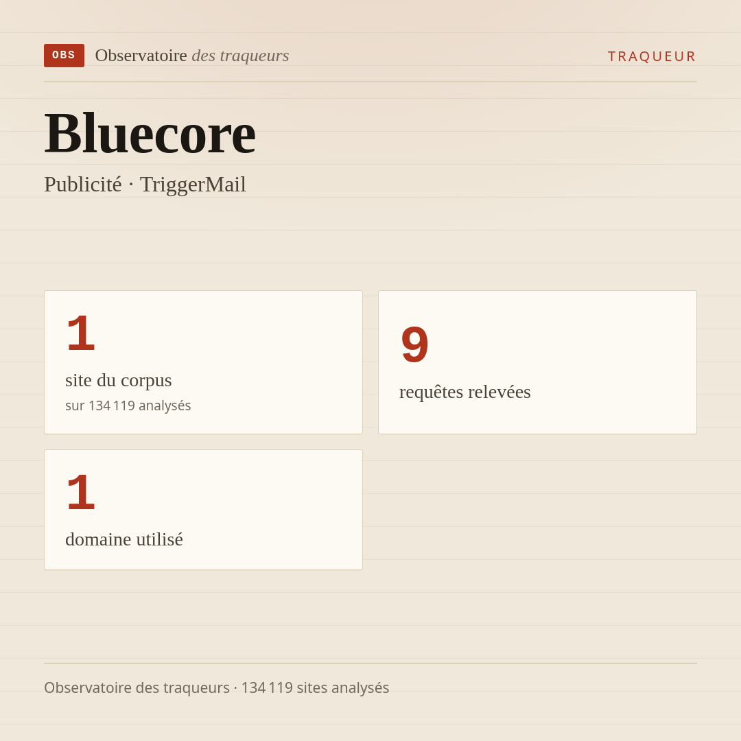 Bluecore — Publicité · TriggerMail : 1 site du corpus, 9 requêtes relevées, 1 domaine utilisé.