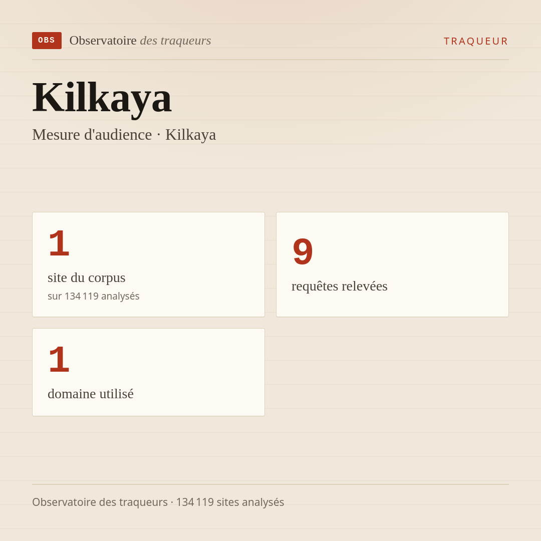 Kilkaya — Mesure d'audience · Kilkaya : 1 site du corpus, 9 requêtes relevées, 1 domaine utilisé.